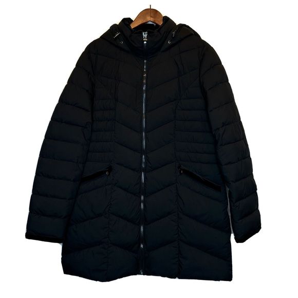 Women's Preston & York Puffer Coat XL Black Velvet Trim Long Mid Length Hood Zip - Picture 1 of 13